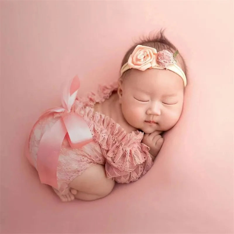 Newborn Photography Props Outfit Cute Lace Princess Baby Girls Dress+Flower Headband Set Newborn Girls Photo Shooting Clothes