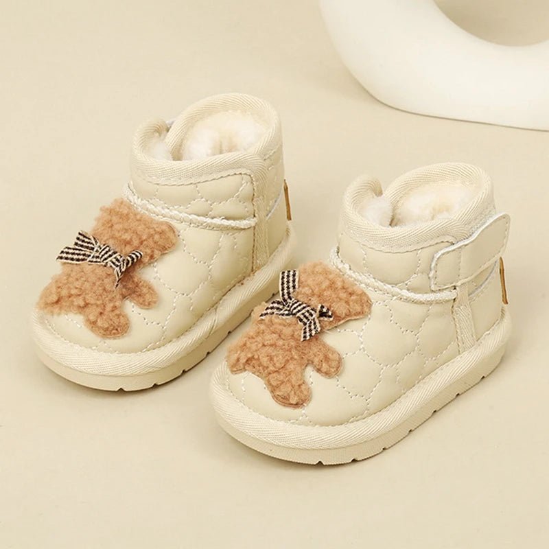 Baby Girls Cute Snow Boot With Cartoon Sewing Beige Pink Warm Ankle Boots With Thick Plush Soft Toddler Kids Boys  Winter Shoes