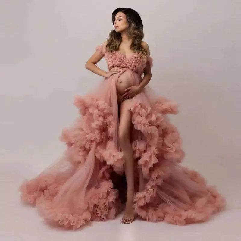 Sexy Dresses Pink Premama V Neck Evening Party Baby Shower Dress