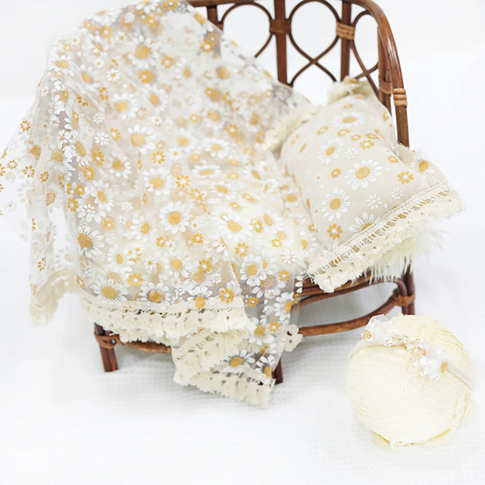 Newborn Photography Props Wrap+Pillow+Headband Daisy Flower Soft Transparent Tulle For Baby Photo Shoot  Background Accessories