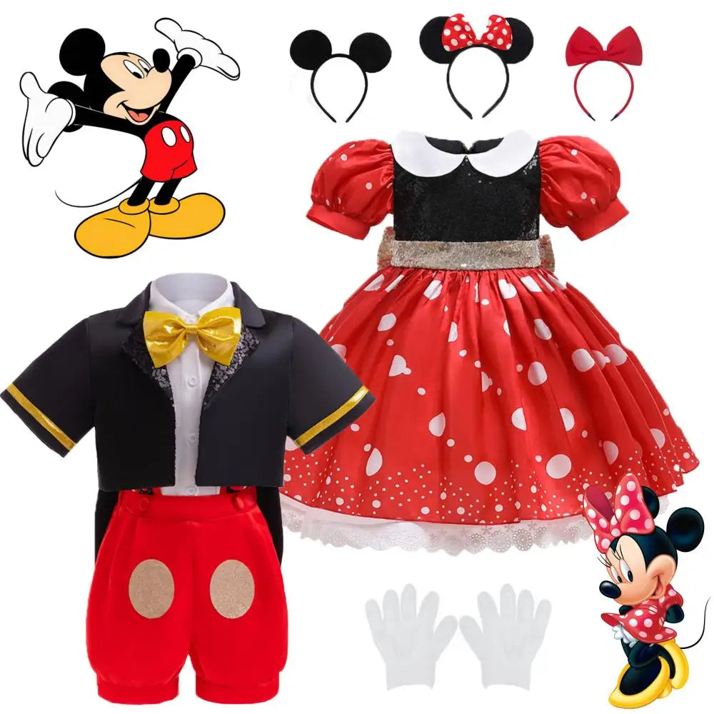 Disney Mickey Mouse Dress for Girls Minnie Cartoon Clothes Headband Boys Cosplay Costumes Fancy Bow Tie Clothing Set