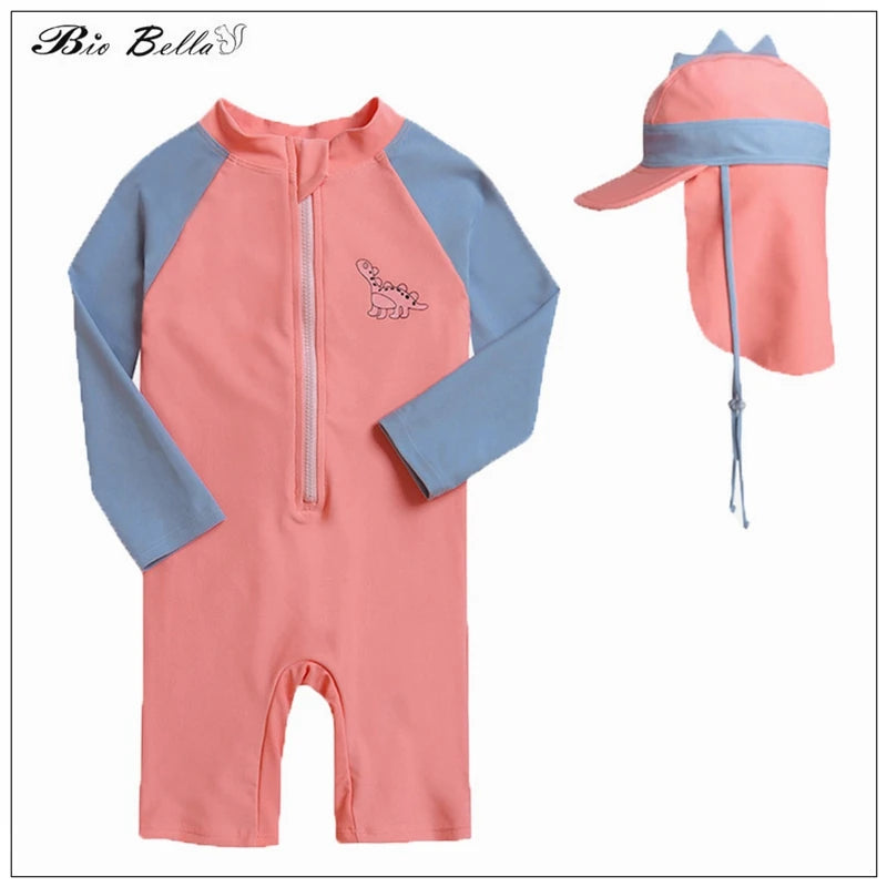 Baby Dinasour Swimwear Fashion Cartoon Sunscreeen Hat Romper Long Sleeve Swimable Beachwear Boy Girls 1-7 Year Kids Wetsuit