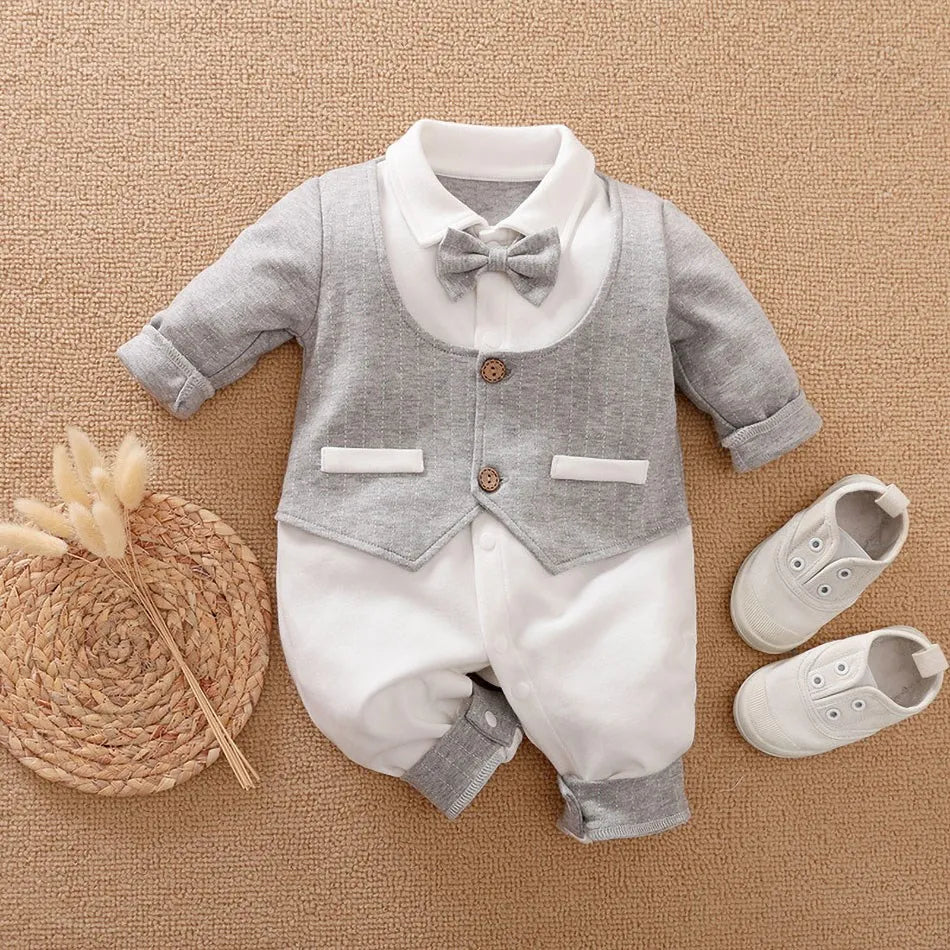 Newborn Formal Suit Baby Boy Clothes Bow Tie Tuxedo Jumpsuit