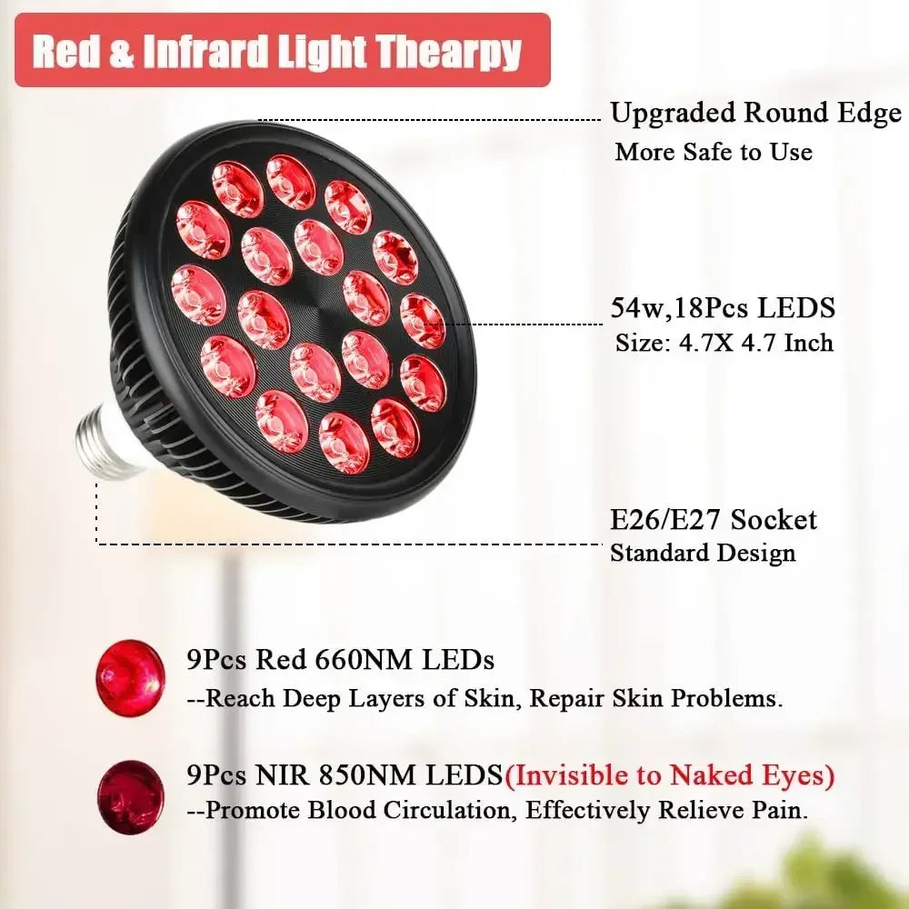 Red Light Therapy Lamp 54W LED Bulb Infrared Physiotherapy for Skin Care Pain Relief 660nm and 850nm Combo (Upgrade Dual Chips)