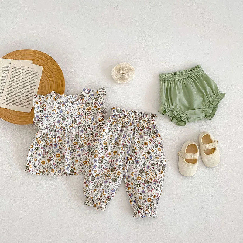 Toddler Baby Floral Suit Infant Short Sleeves Top+Bread Shorts 2pcs