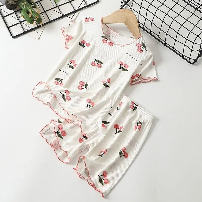 Korean Kids Summer New Pajamas Set Cute Cherry T-shirt Baby Girl Clothes Short Sleeves Tops Shorts 2PCS Toddler Home Loungewear