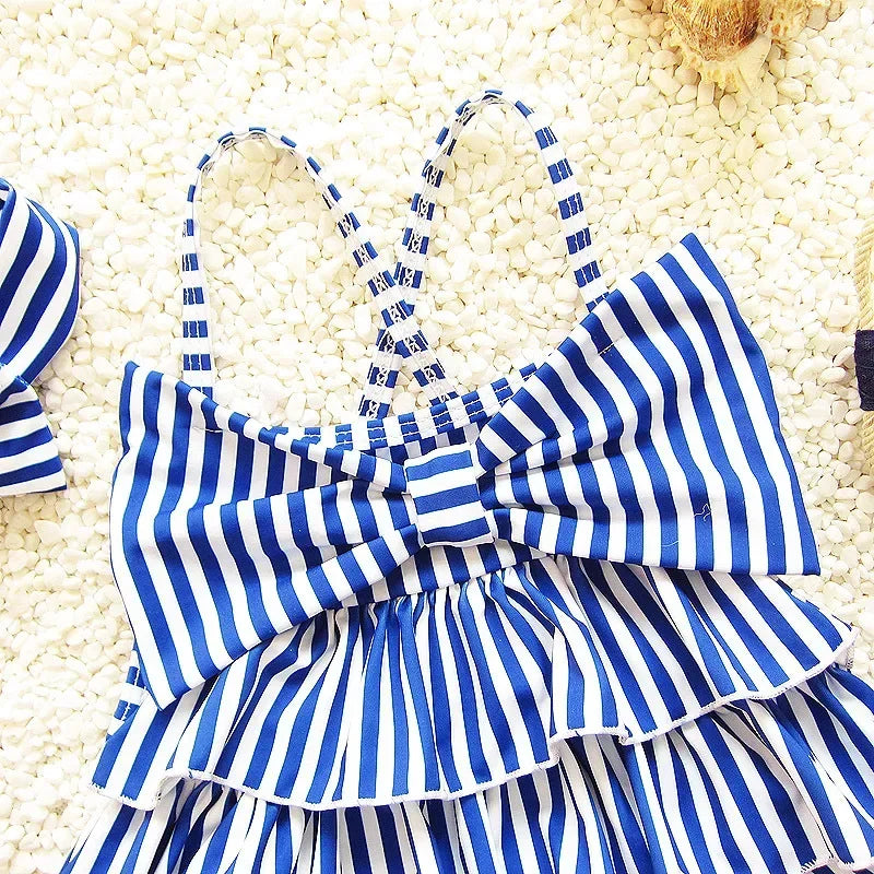 Baby Girl Blue Stripes Bow One Piece Swimwear