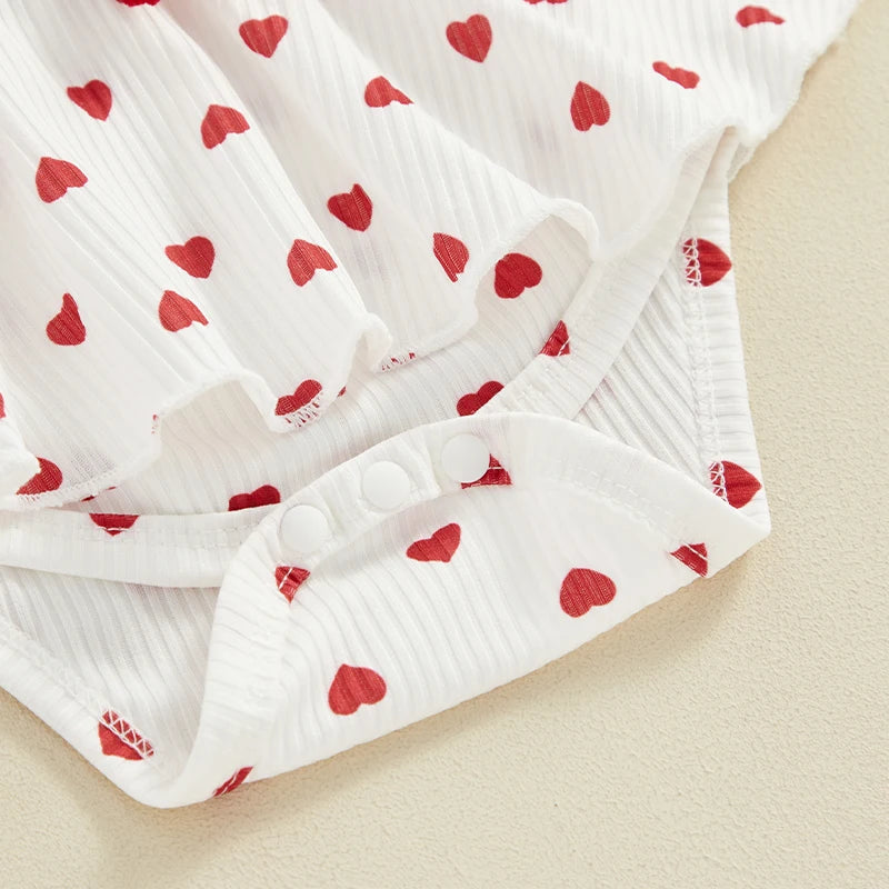 Tregren Newborn Baby Girl Valentine's Day Outfits Long Sleeve Heart Print Bow Romper with Headband 2pcs Set Cute Infant Clothes