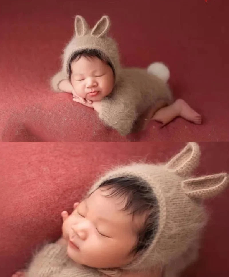 Newborn Photography Prop Baby Clothes Bunny Caps Dolls Toys Girls Boys Infant Baby Crochet Knitted Hat Photoshoot Accessories