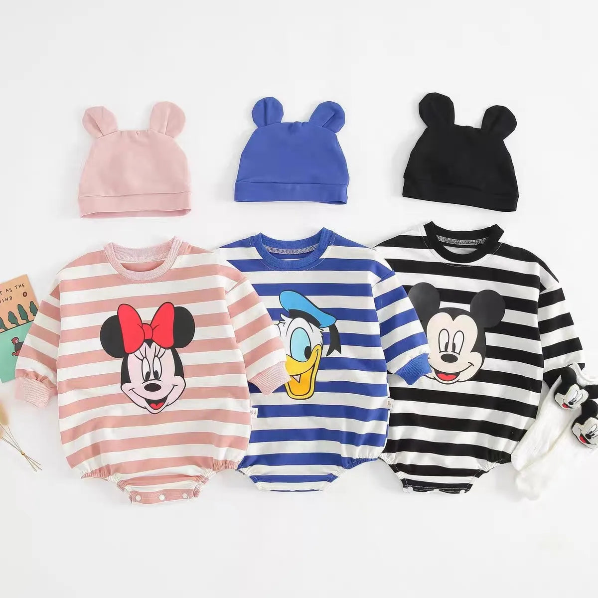 Striped Mickey Baby Long Sleeve Cotton Bodysuit With Hat