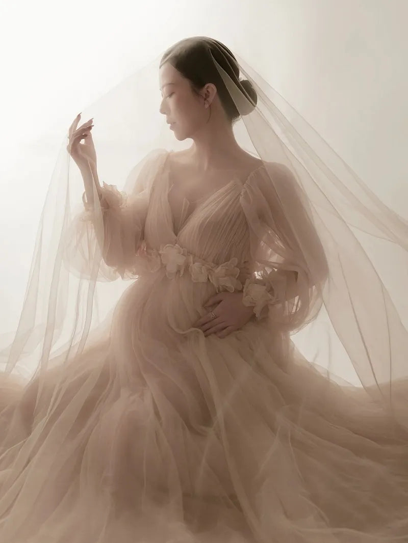 Women's Champagne Maternity Photo Shoot V-Neck Long Sleeves