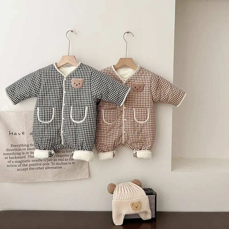 Winter Baby Girls Boys Rompers Infant Thicken Cotton Jumpsuit Korean Checkered Long Sleeve Bodysuits Newborn Baby Clothes ملابس
