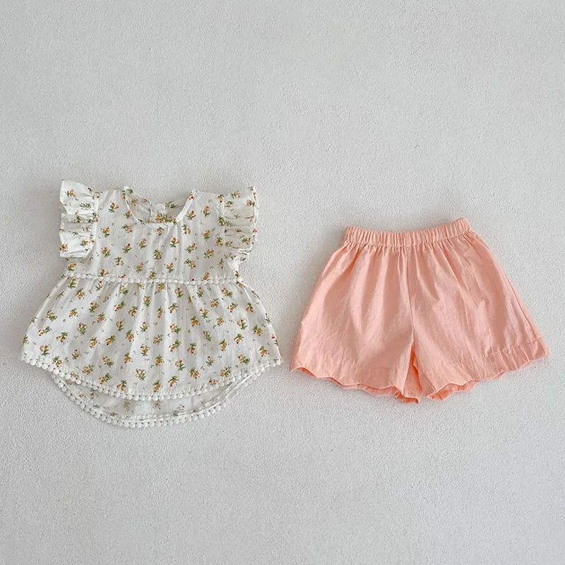 Toddler Baby Floral Suit Infant Short Sleeves Top+Bread Shorts 2pcs