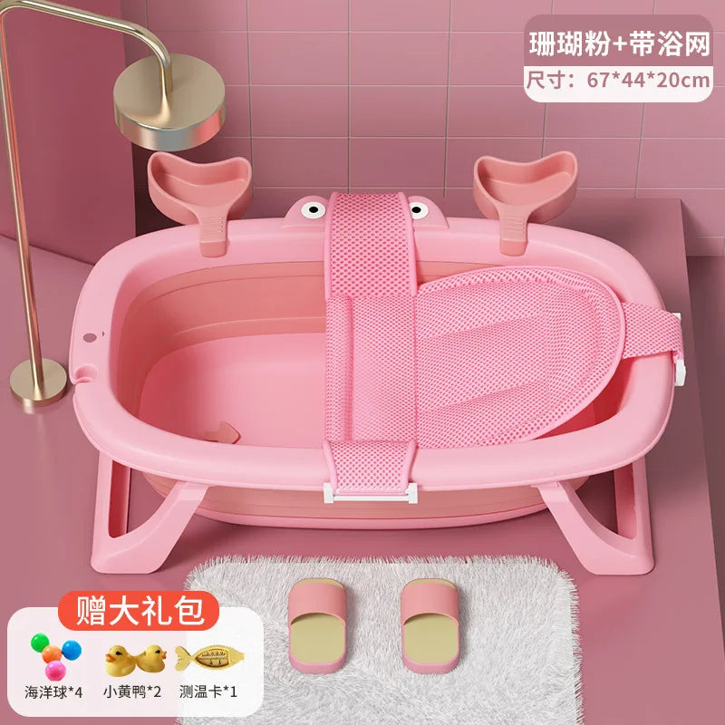 Cartoon Newborn Foldable Bathtub With Extended Anti Slip Design, Double Sided Storage Slot,Baby Bathroom Supplies Infant Bathtub