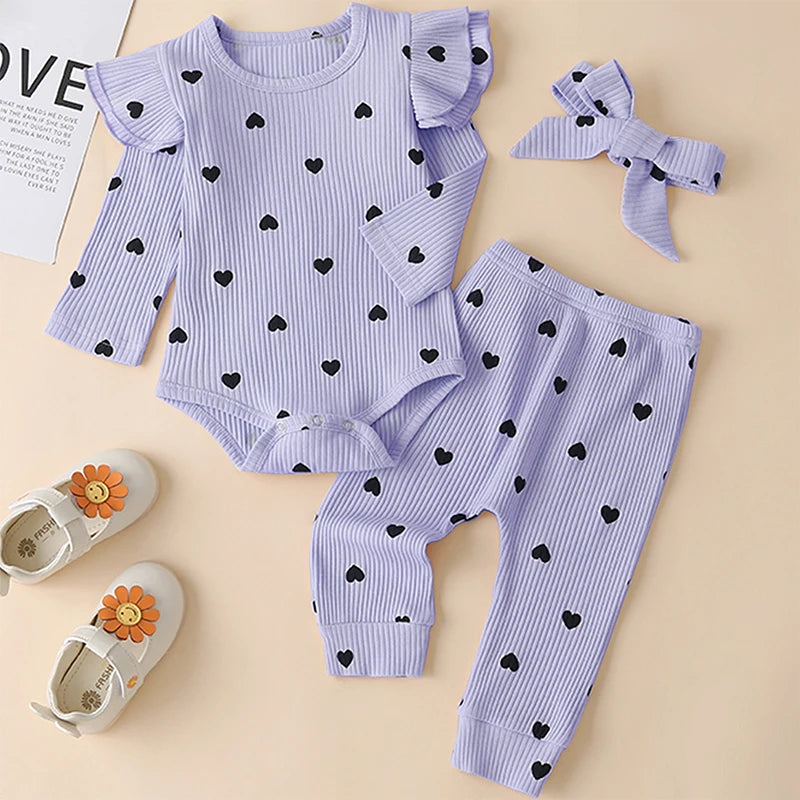 Infant Baby Ruffles Bodysuits + Pants + Headband 3Pcs