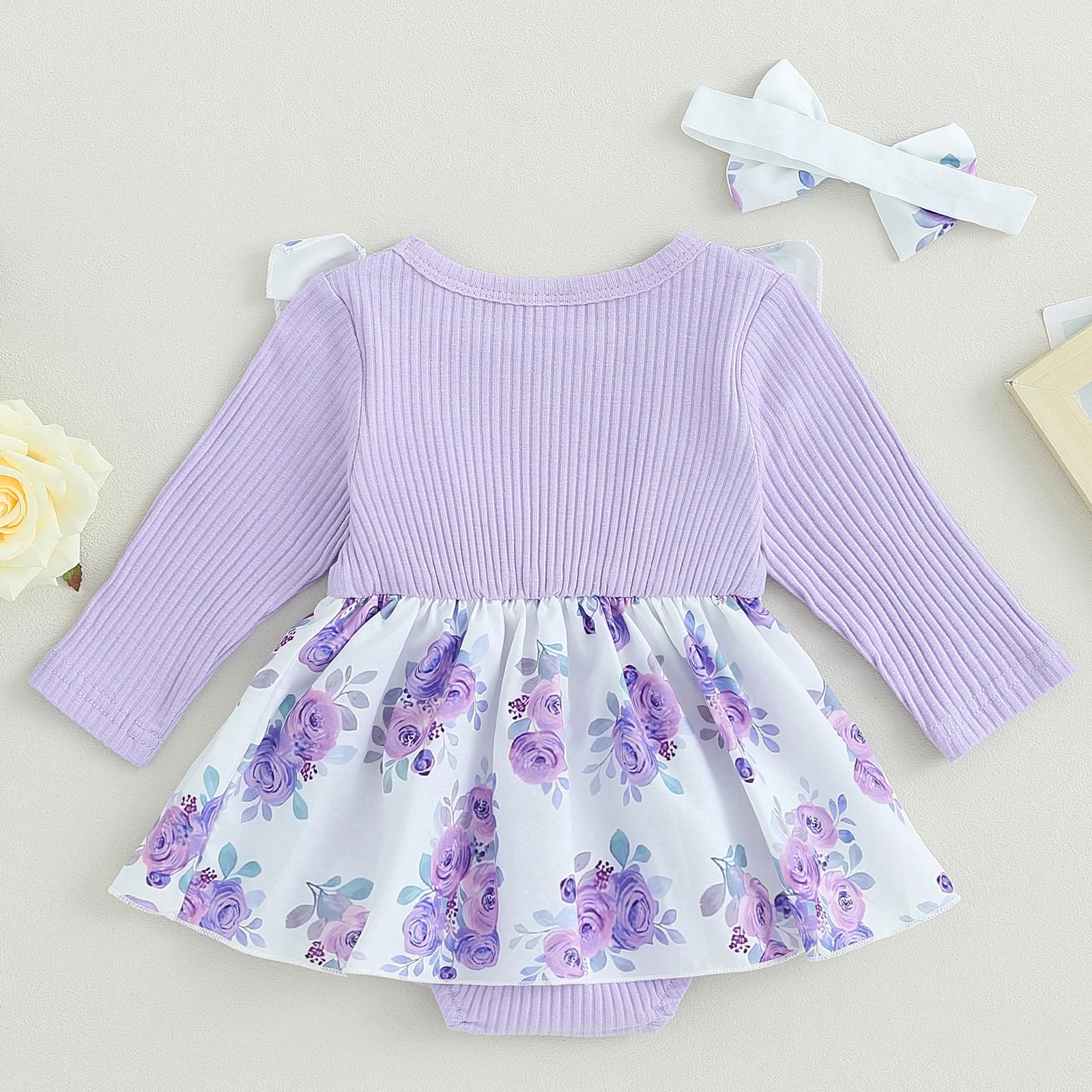 BeQeuewll Infant Girl Rompers Dress Rib Knit Floral Print Skirt Hem Jumpsuits Newborn Clothes Baby Bodysuits with Headband