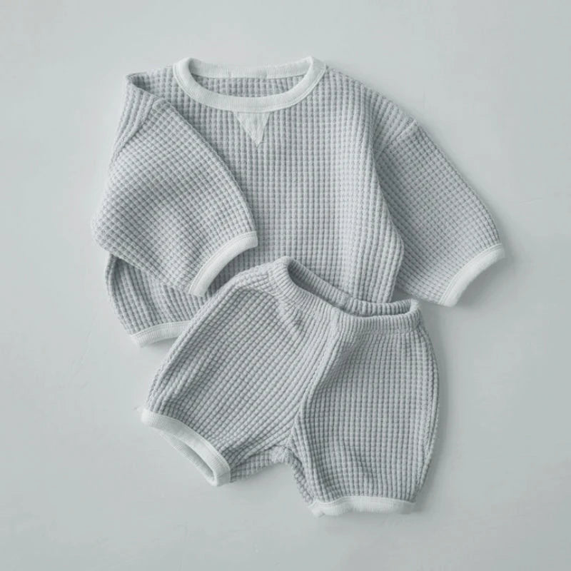 New Baby Waffle Sweatshirt Tops+Pants Suit Tracksuit