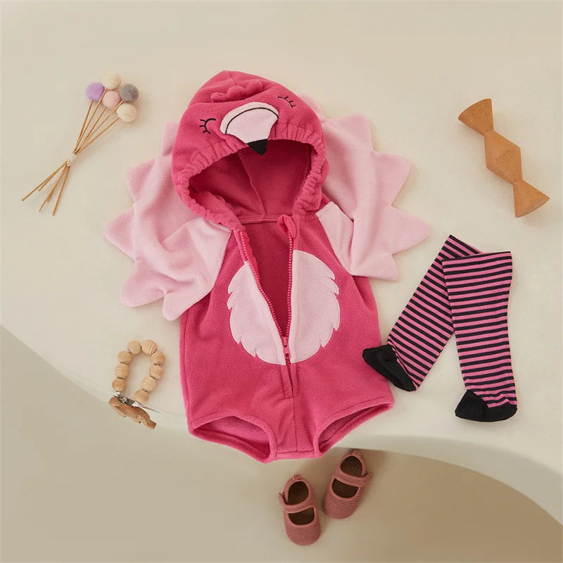 Tregren 0-24M Infant Baby Girls Romper Sets Flamingo Long Sleeve Hooded Zipper Bodysuit With Wings Socks Fall Halloween Costumes