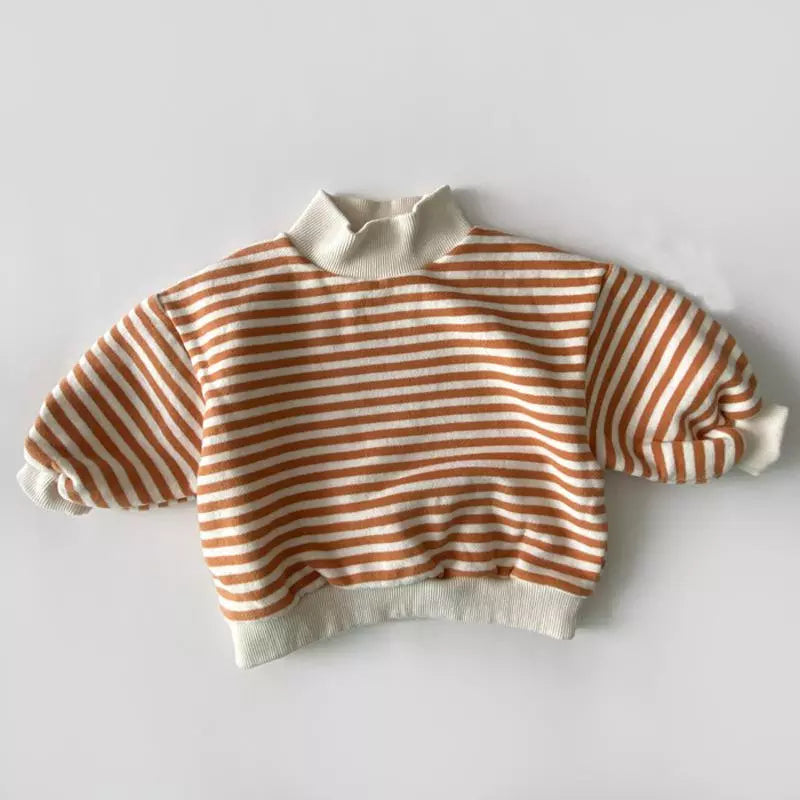 Baby Girls Striped Tops 2023 Autumn Winter New Kids Thicken Warm High-neck Sweatshirt Cotton Clothes Toddler Boys Tees