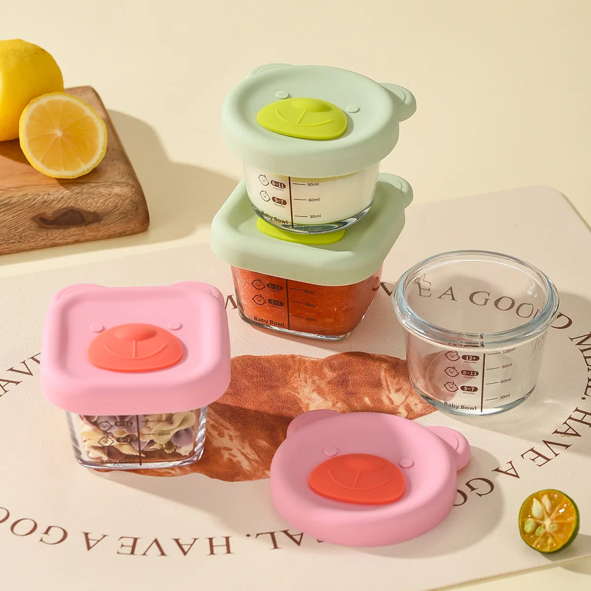 Baby food mold portable seal storage box baby glass solid food bowl bear silicone cover steamer crisper
