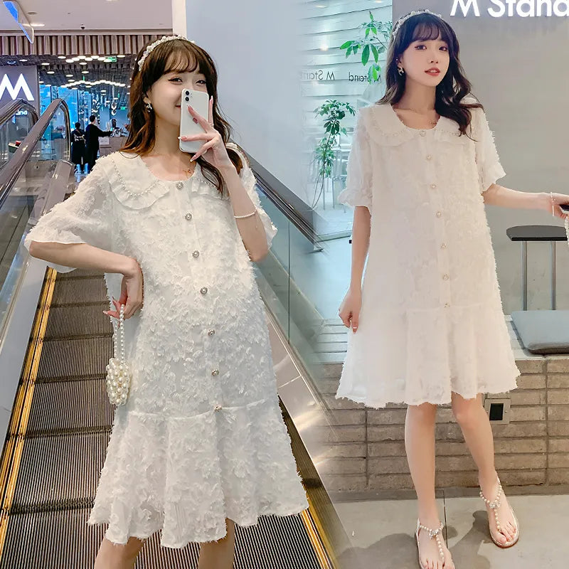Korean Fashion Maternity Dress Beading Ruffle A Line
