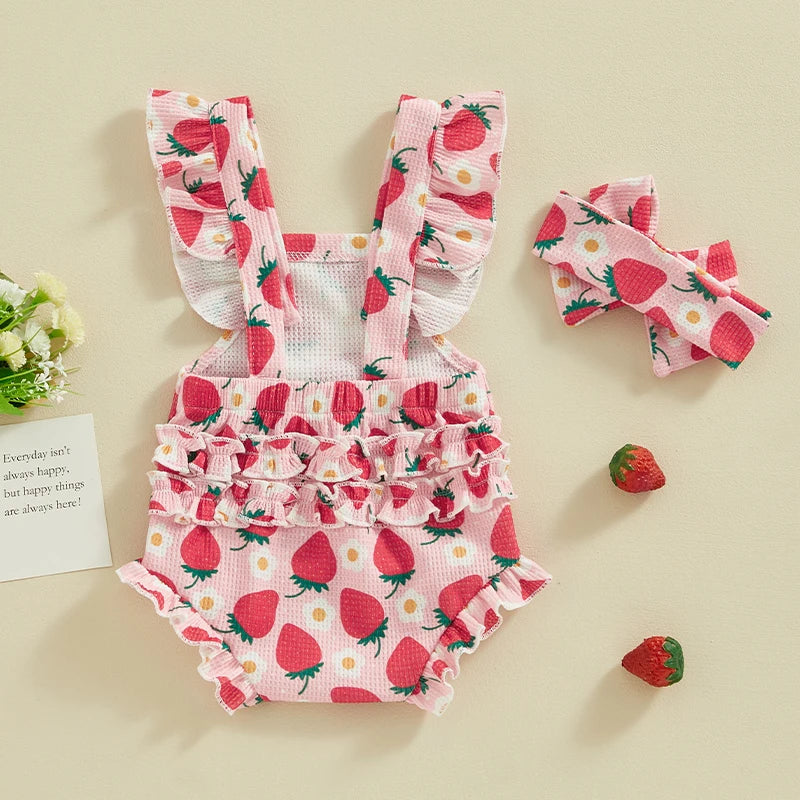 Baby Girls Bodysuit and Headband Strawberry/Flower/Cherry Print