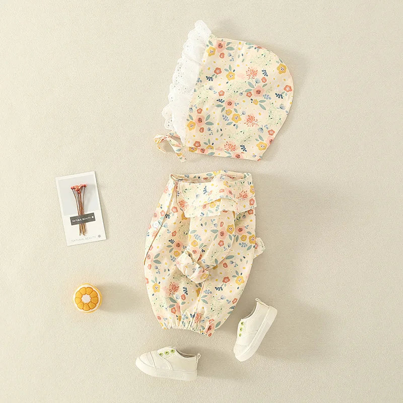 Summer Baby Girls Bodysuit+Hat Cotton Peter Pan collar Ruffles