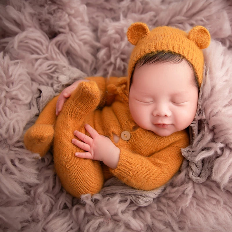 Newborn Photography Clothing Bear Hat+Jumpsuit 2Pcs/set Baby Photo Props Accessories Studio Newborn Infant Shoot Knit Clothes