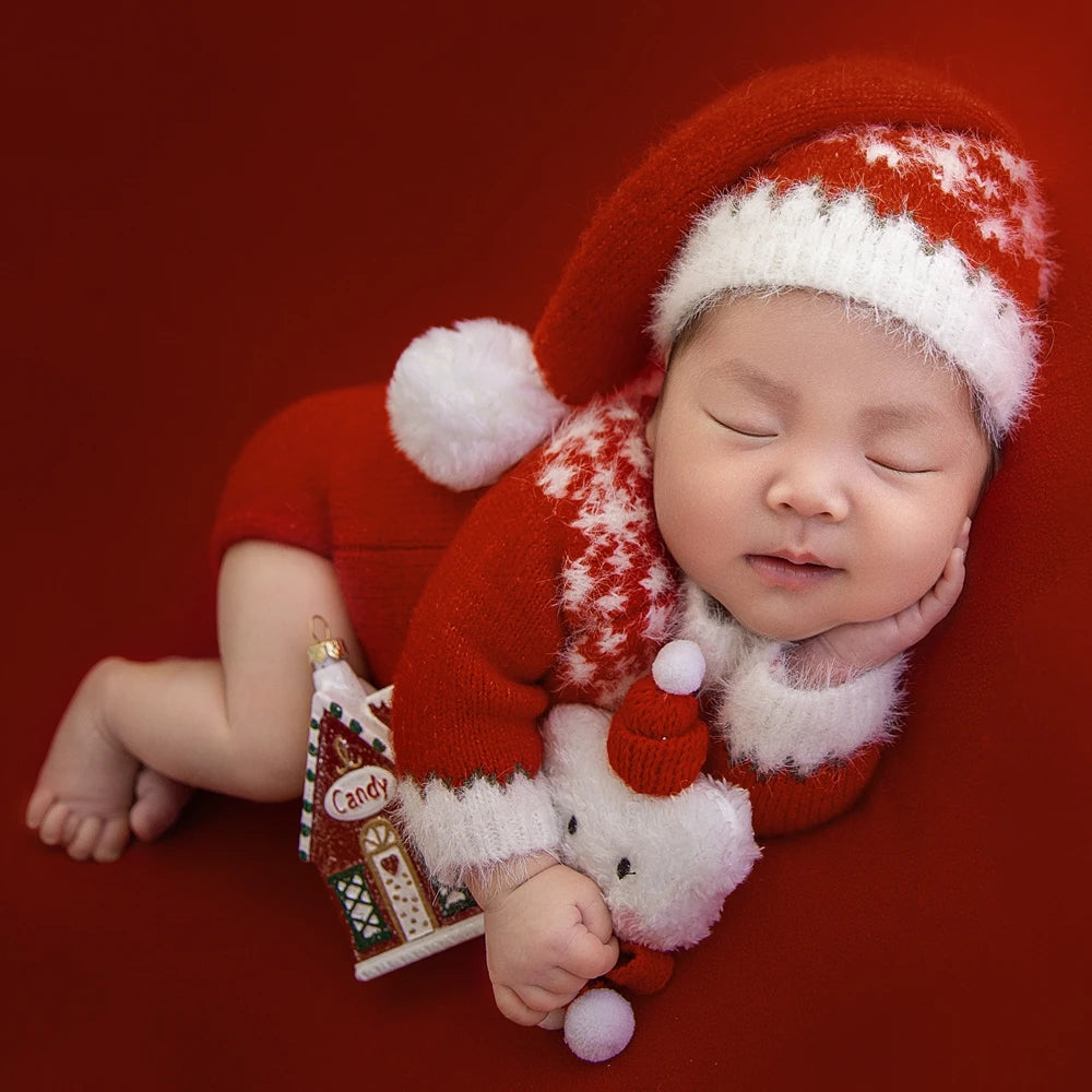 Red Baby Christmas Outfit Newborn Photography Props Knitted Newborn Christmas Clothes Baby Girl Costume Photo Shoot Accessories
