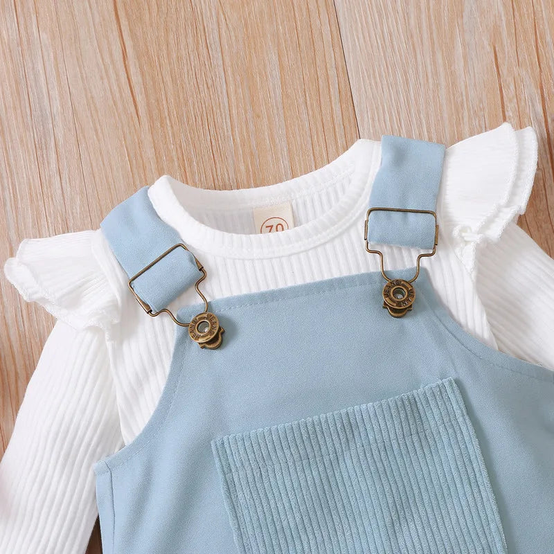 Newborn Baby Girl Front Pocket Suspender Skirt Headwear Set 0 to 18 Months