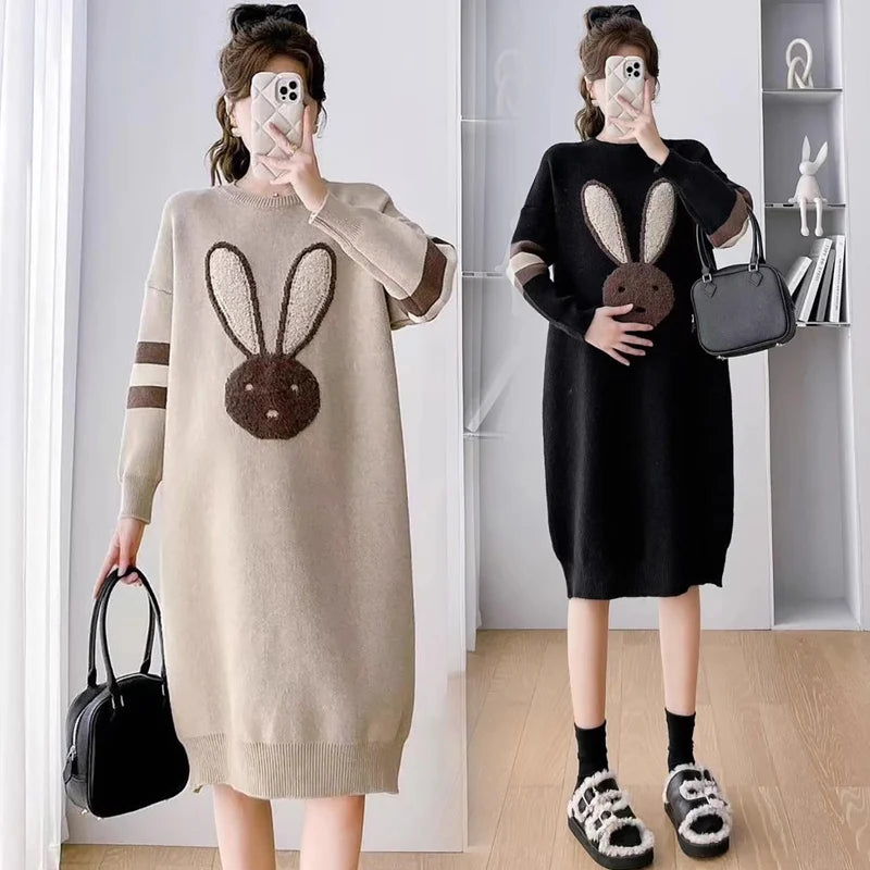 Winter Knitted Maternity Sweaters Dress Cartoon Rabbit Loose Straight Clothes for Pregnant Women Warm Pregnancy