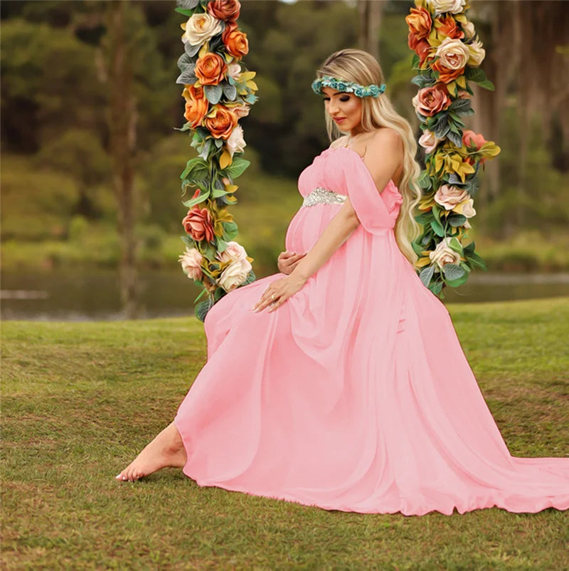 Sexy Maternity Shoot Dresses Strapless Chiffon Long Dress Pregnancy Photography Gown Pregnant Women Maxi Dress For Photo Props