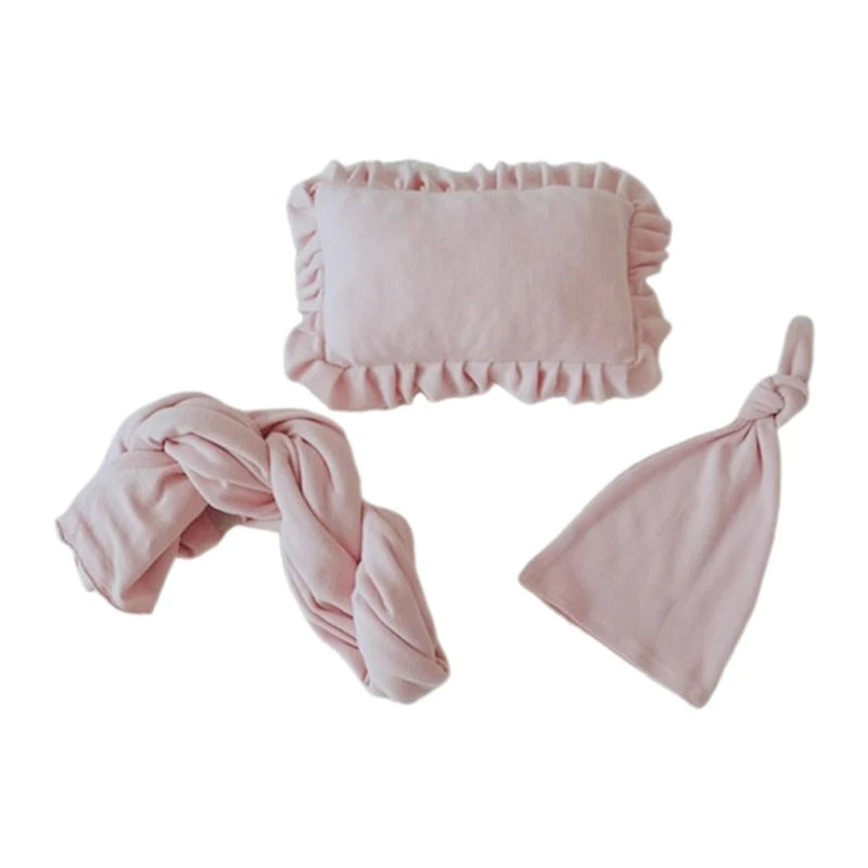Newborn Photo Props Pillow & Wrap Blanket & Muslin Hat Set Baby Photography Clothing Infant Photo Blanket for Boys Girls