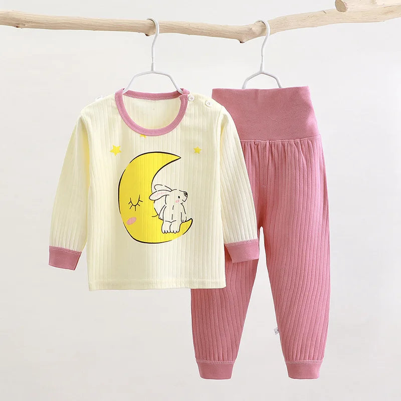 Children Sleepwear Baby Nightwear Kids High Waist Belly Protection Underwear Homewear Full Sleeve Cotton Baby Girls Pajamas Sets