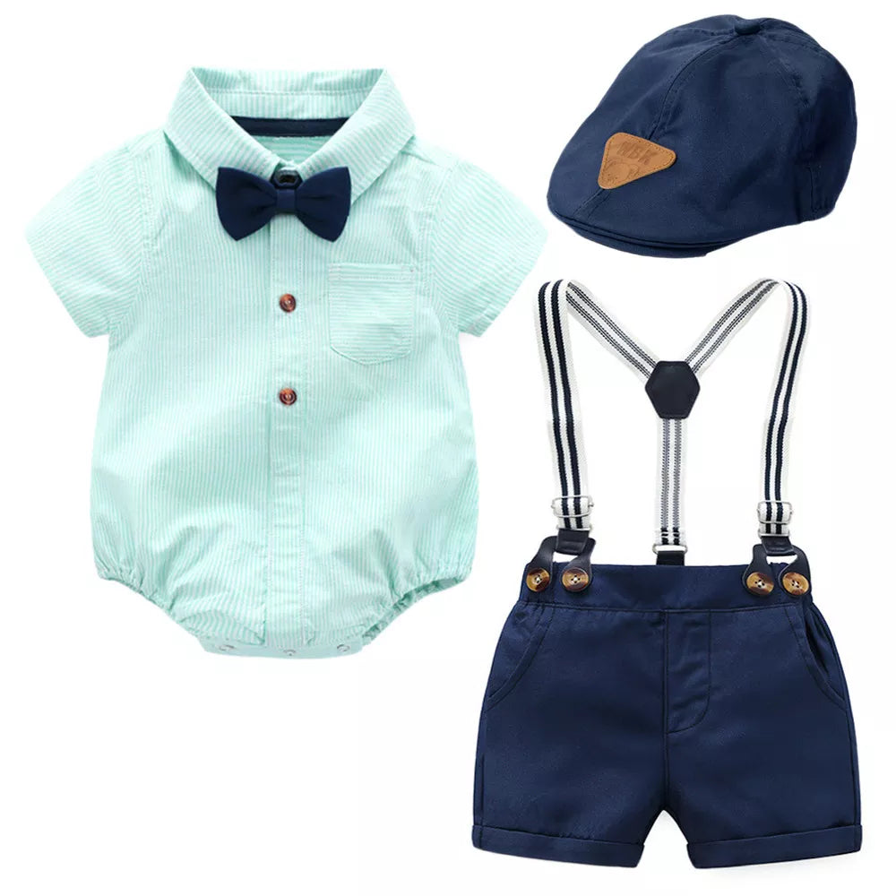 Boy Formal Dress Cotton Striped Romper + Bow + Navy Shorts + Suspenders Sets Boy Dress Clothes for Wedding Clothes 0 3 Months