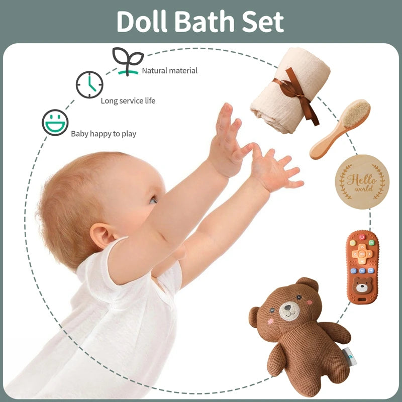 Baby Crochet Bear Teething Toys Cotton Towel Gift Box Bath Toys Set