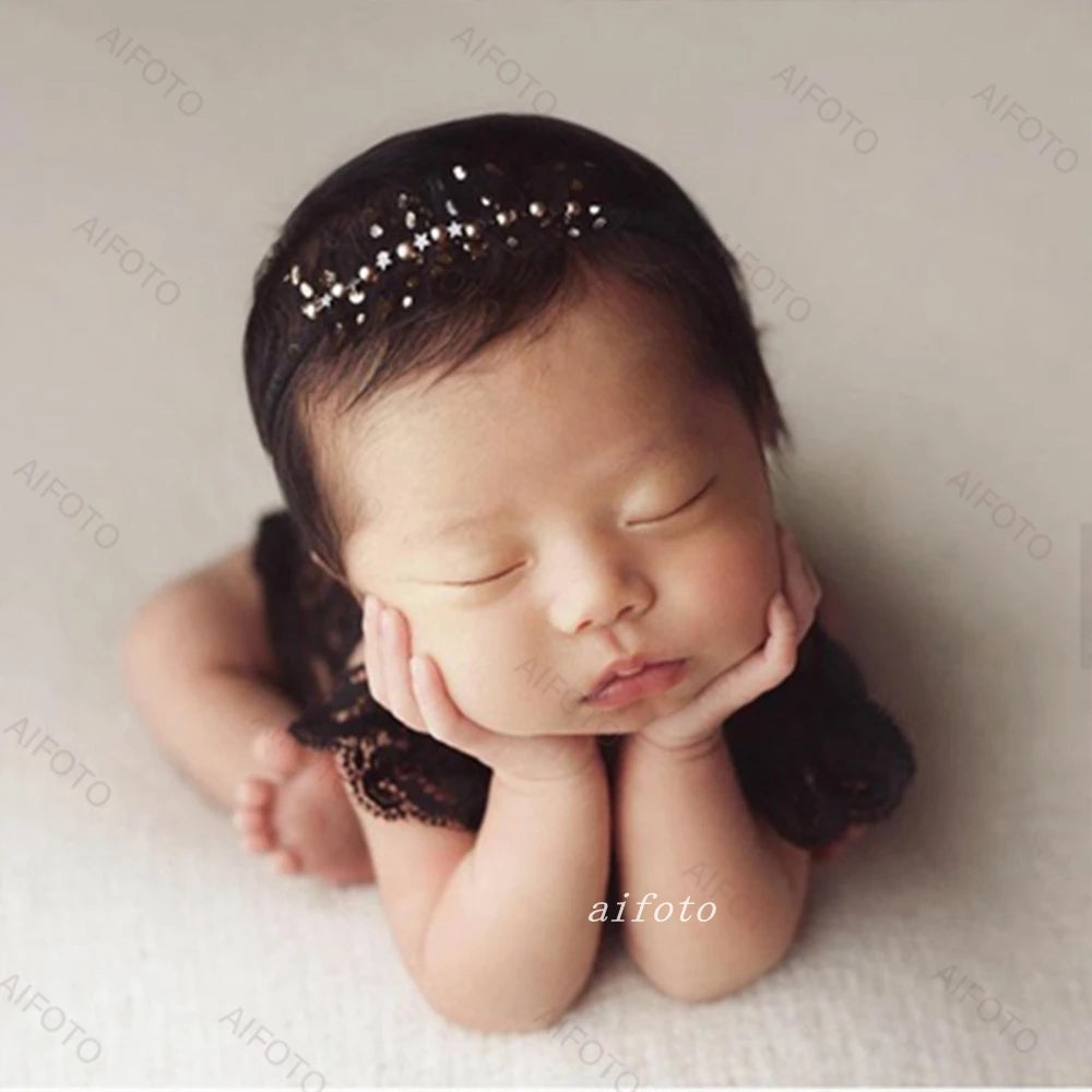 Newborn Photography Props Girl Dresses Black Lace Headband Set Outfits Bodysuits Romper For Baby Photo Shoot Studio Accessories