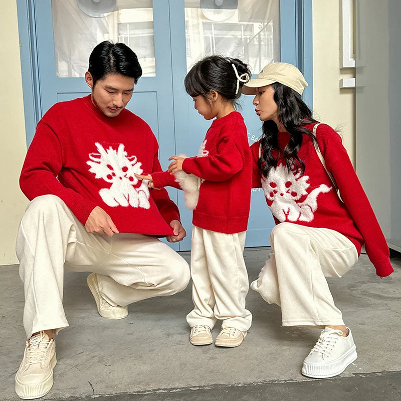 2024 Winter 1-10 Years Kid Girls Boys Mother/Father S M L XL XXL Adults Family Matching Outfits Red Chinese New Year Sweater