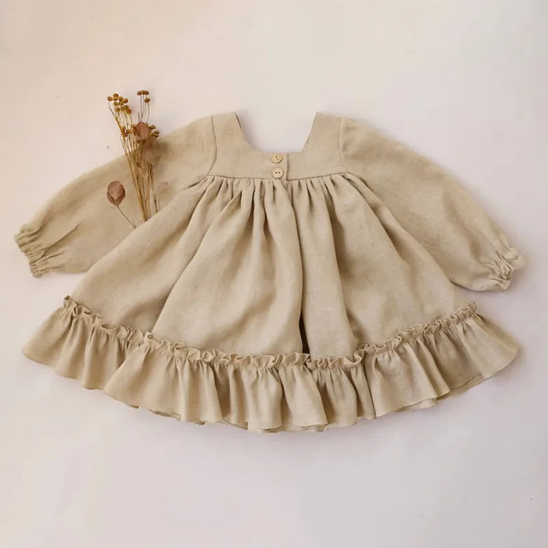 Birthday Girl Kid's dress Cotton Linen Dress With Long Sleeves Baby Clothing