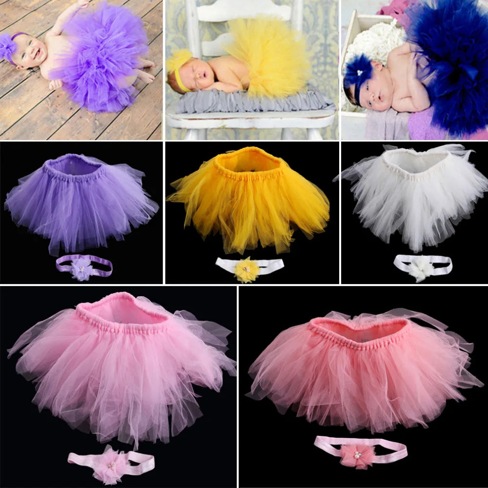 Newborn Photography Props Baby Chiffon Flower Tutu Skirt Suit Shoots Gauze Skirt+hairband Cute Babies Girls Dress Clothes Photo