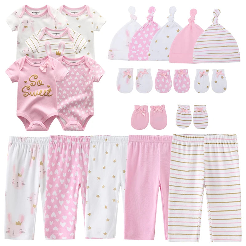 Baby Bodysuits+Pants+Hats+Bibs Cotton Sets