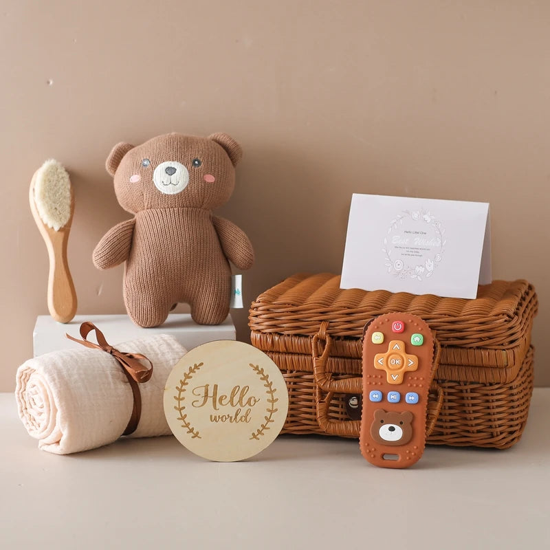 Baby Crochet Bear Teething Toys Cotton Towel Gift Box Bath Toys Set