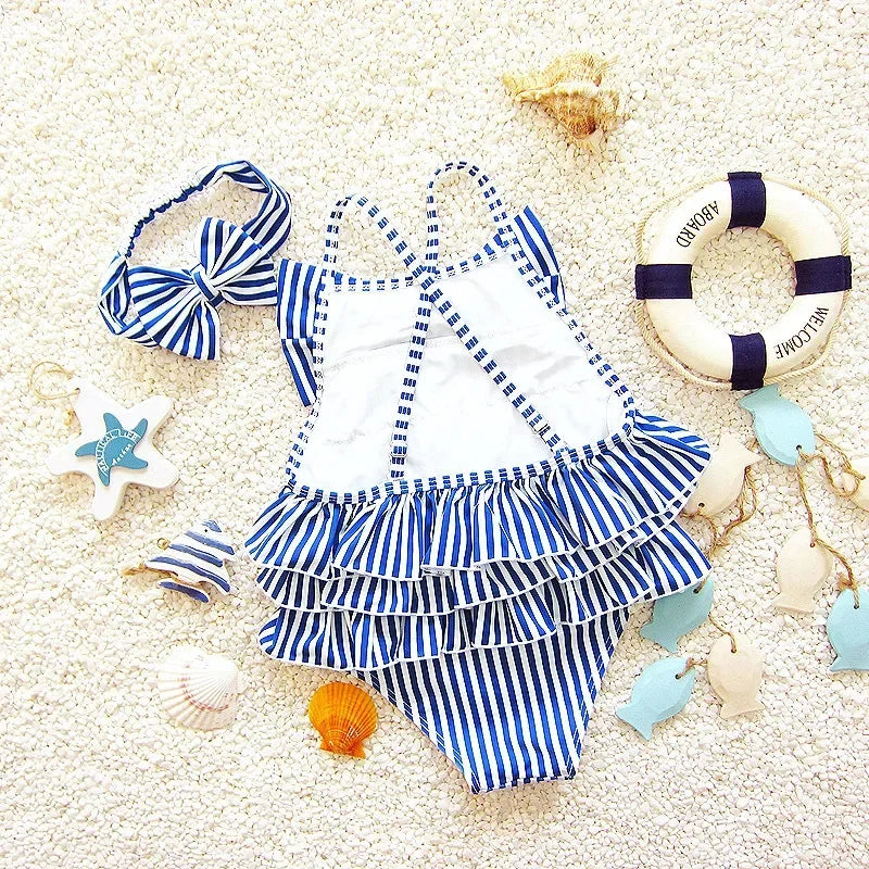Baby Girl Swimwear Bathing Suit Little Girl Suspender Swim Swimsuit Blue Stripes Bow One Piece Swimwear Toddler Bikinis