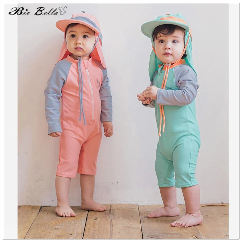 Baby Dinasour Swimwear Fashion Cartoon Sunscreeen Hat Romper Long Sleeve Swimable Beachwear Boy Girls 1-7 Year Kids Wetsuit