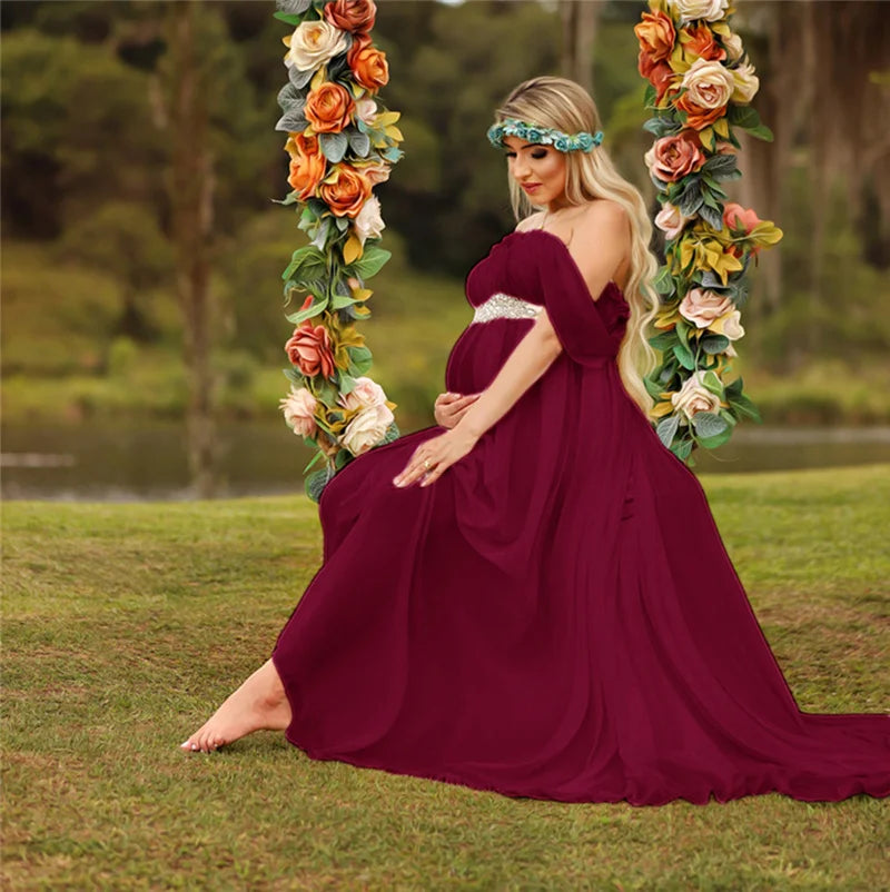 Sexy Maternity Shoot Dresses Strapless Chiffon Long Dress Pregnancy Photography Gown Pregnant Women Maxi Dress For Photo Props