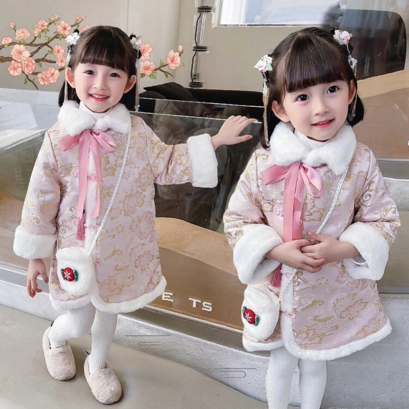 Girls Cheongsam 2023 Winter 2-10 Years New Year Embroidery Thickening Kids Baby Girl Traditional Chinese Style Ethnic Tang Dress