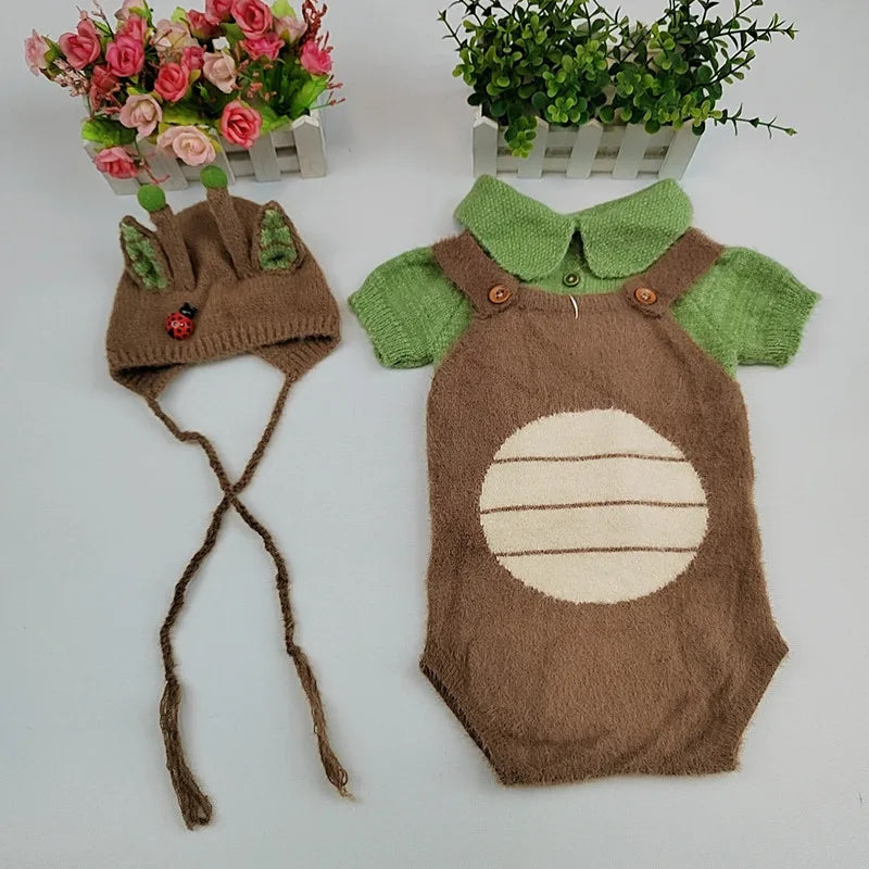 Newborn Photography Clothing Knit Hat+Top+Suspenders set
