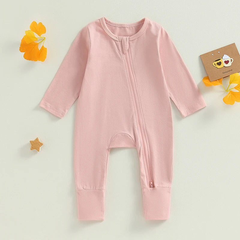Fall New Solid Basic Newborn Baby Romper Pajamas Soft Cotton Casual Long Sleeve Zipper Footless Jumpsuit Sleepwear For Girls Boy
