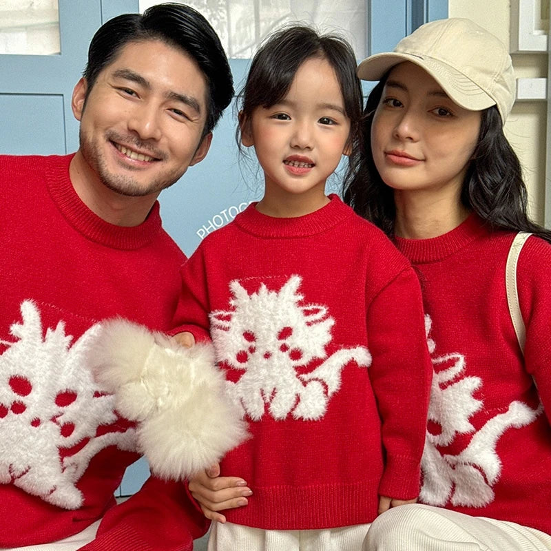 2024 Winter 1-10 Years Kid Girls Boys Mother/Father S M L XL XXL Adults Family Matching Outfits Red Chinese New Year Sweater