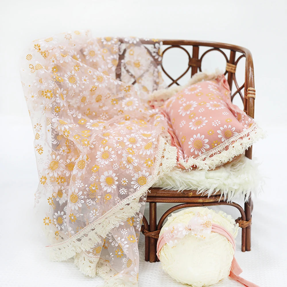 Newborn Photography Props Wrap+Pillow+Headband Daisy Flower Soft Transparent Tulle For Baby Photo Shoot  Background Accessories
